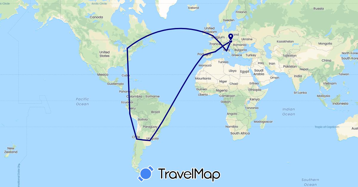 TravelMap itinerary: driving in Argentina, Austria, Canada, Chile, Spain, United Kingdom, Italy, Peru, Portugal (Europe, North America, South America)